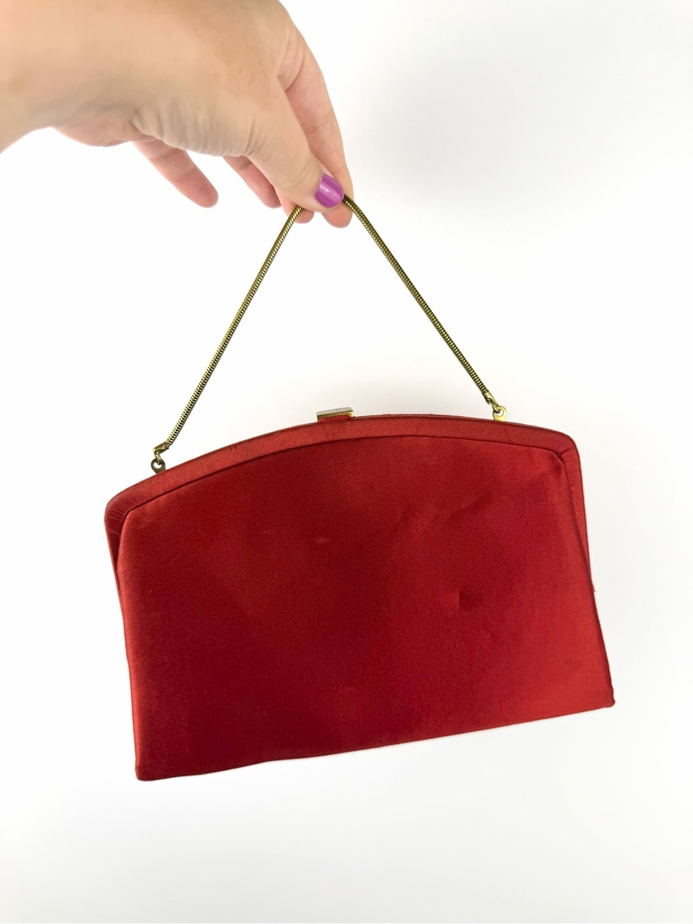 Vintage Rhinestone Clasp Evening Bag Rust Satin Clutch La France Handbag - Picture 3 of 8